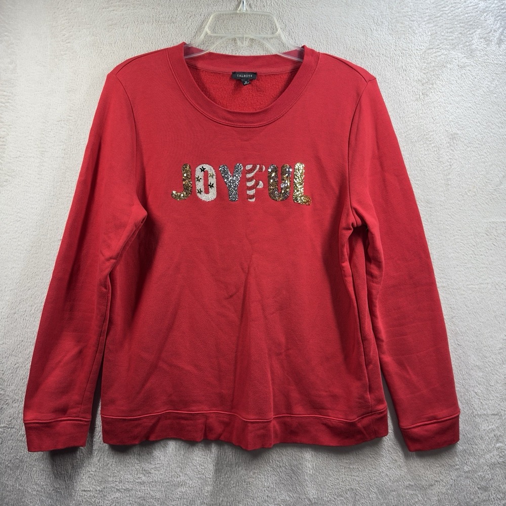 Talbots JOYFUL Sequin‎ Red Christmas Sweatshirt Size M Holiday Festive